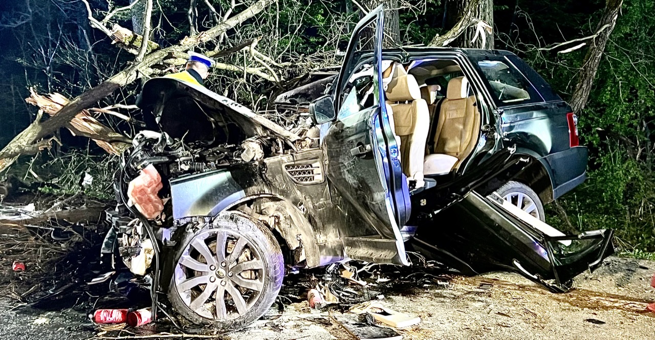 DW 631. Range Rover z ogromną prędkością uderzył w drzewo. Dwie osoby w stanie krytycznym.